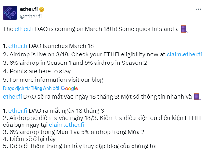 Ether.fi thông báo sẽ airdrops 18.3