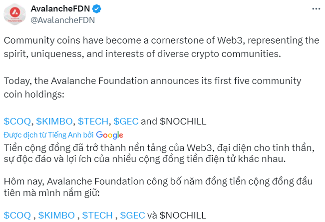 Avalanche Foundation tiết lộ 5 đồng memecoin họ sở hữu