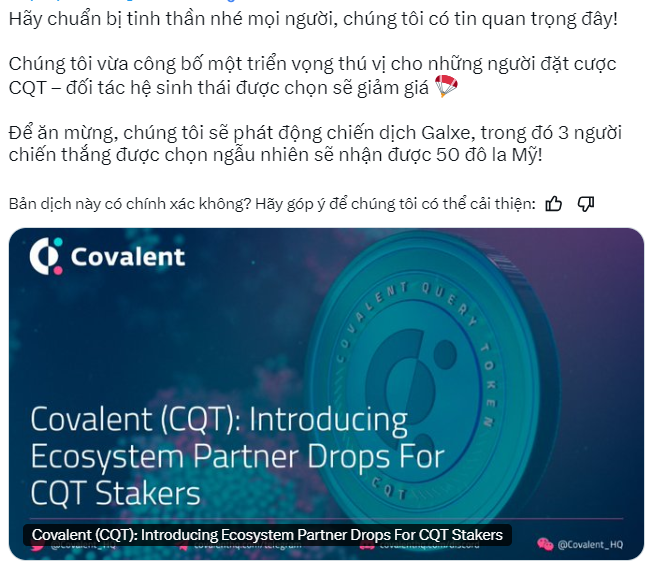 Covalent mở airdrop cho những người stake CQT