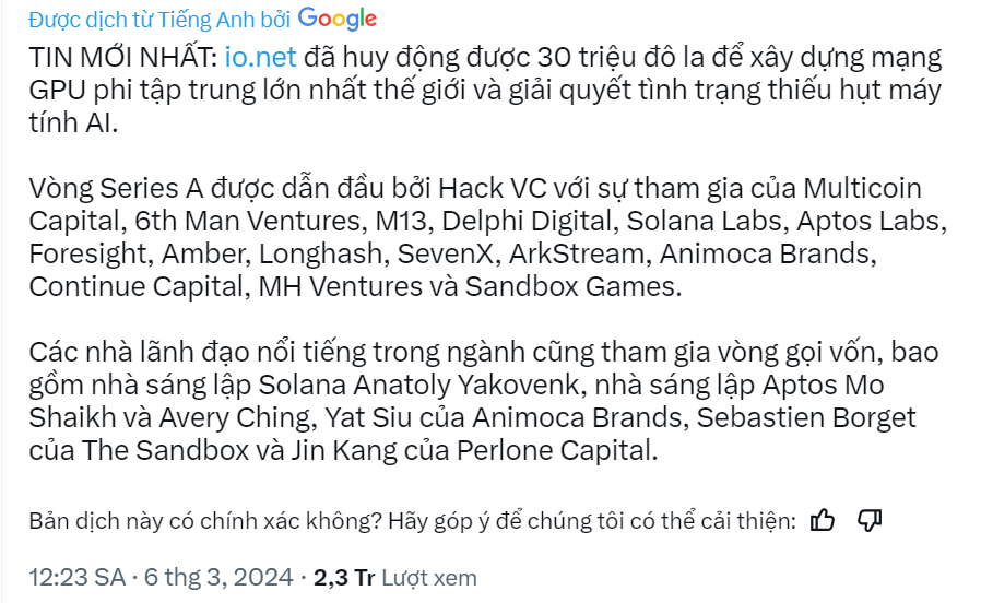 Vòng gọi vốn mới nhất này đã định giá io.net lên đến 1 tỷ đô.