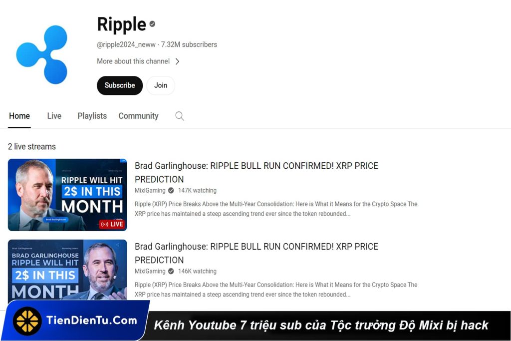 Kênh Youtube 7 triệu sub của Tộc trưởng Độ Mixi bị hack quảng cáo cho XRP