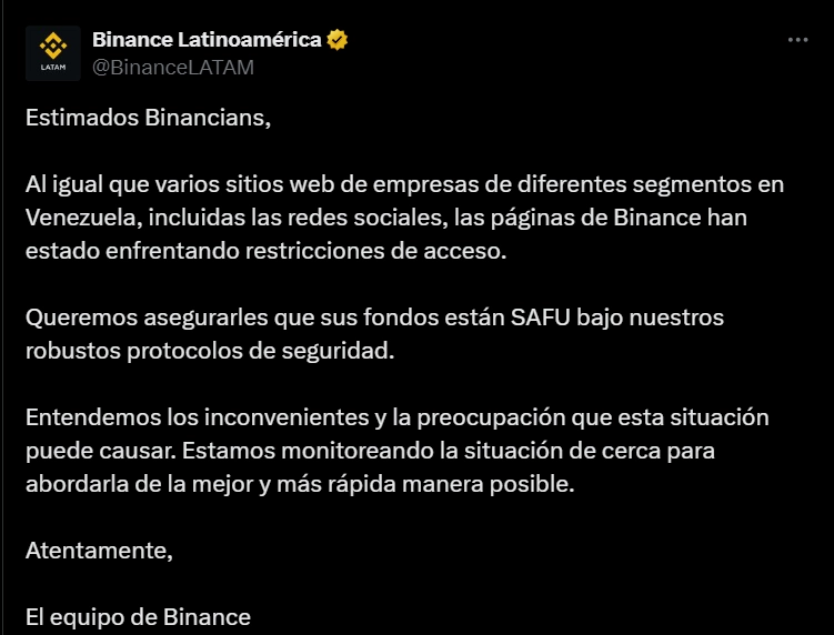 Binance tại venezuela thông báo Binance bị chặn