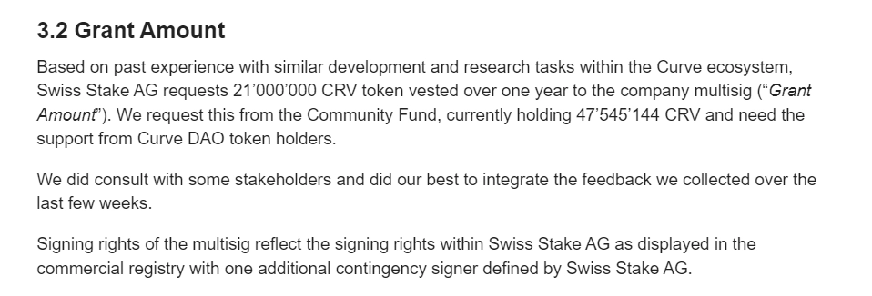 Swiss Stake is requesting 21 million CRV tokens