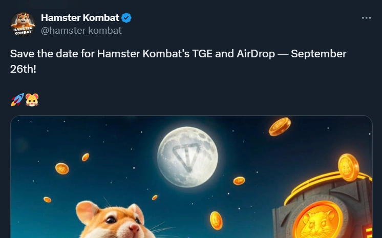 Hamster Kombat Confirms TGE and Airdrop Date for September 26 on X