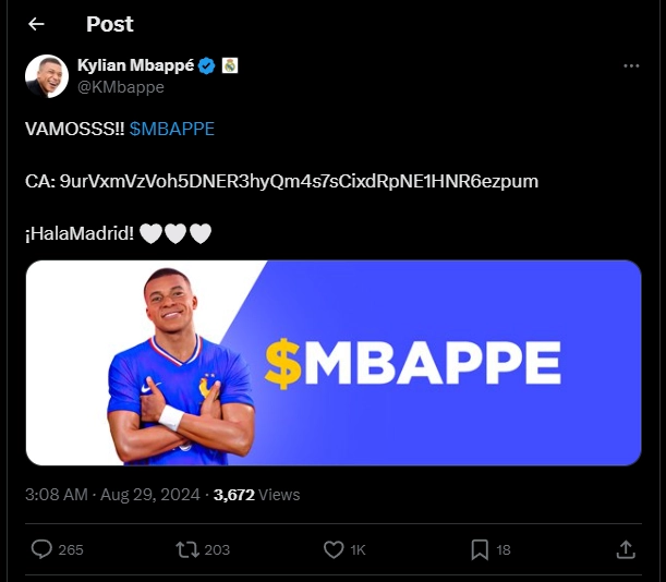 Tài Khoản X của Kylian Mbappe bị hack để shill memecoin