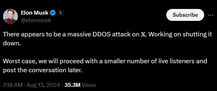 Elon Musk's announcement about DDOS attack