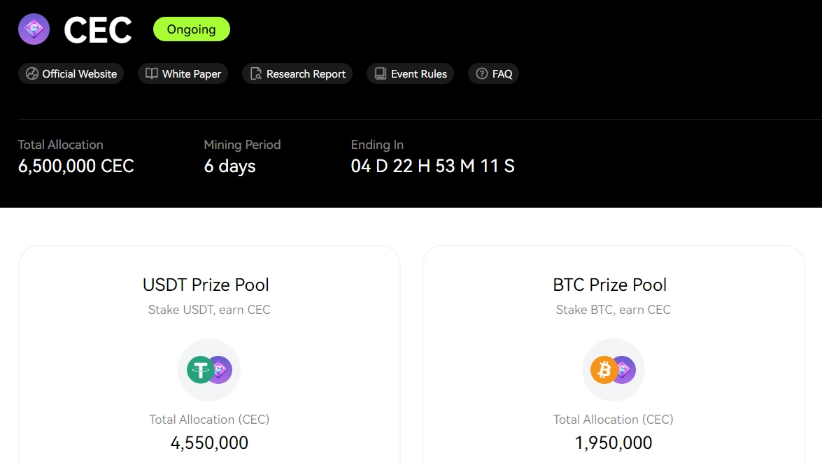 Staking USDT hoặc BTC để nhận về token CEC