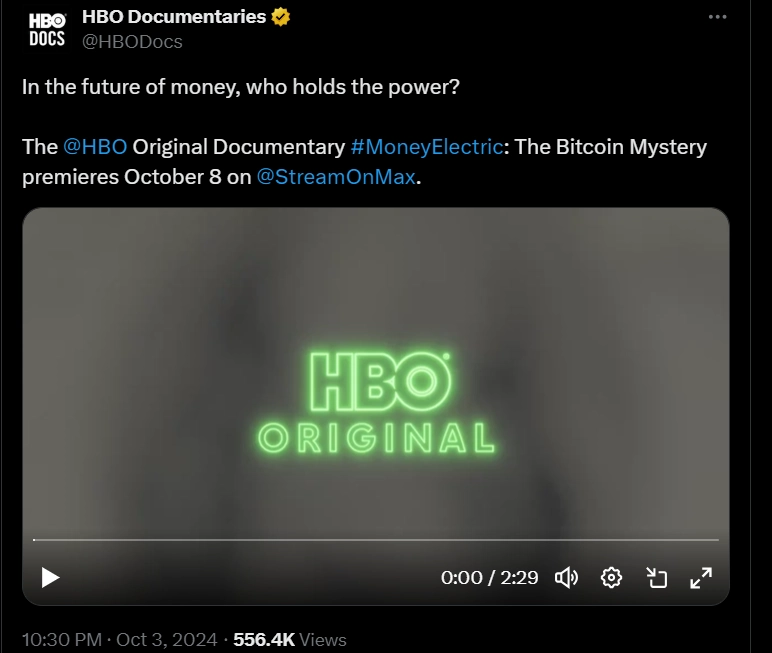 HBO của Hoa Kỳ chuẩn bị công chiếu bộ phim tài liệu "Money Electric: The Bitcoin Mystery"