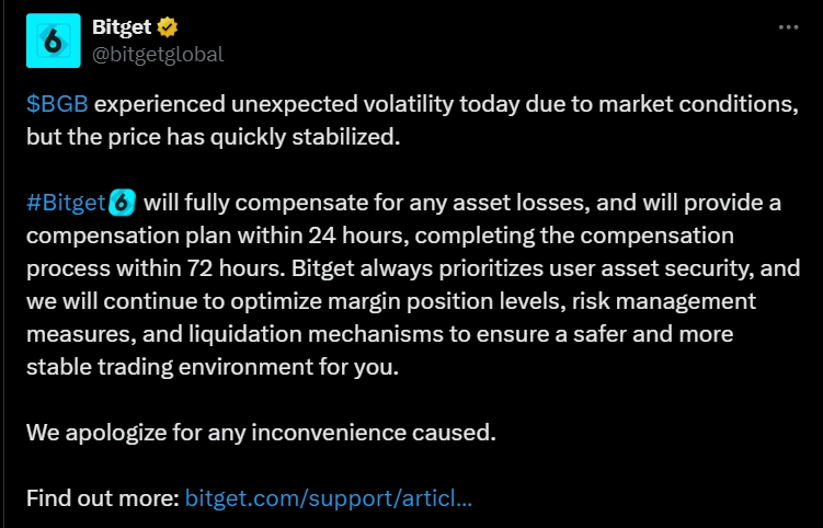 Bitget issued a statement on X