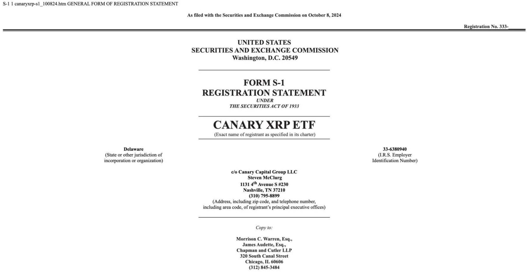 Canary Capital Files Registration for XRP ETF