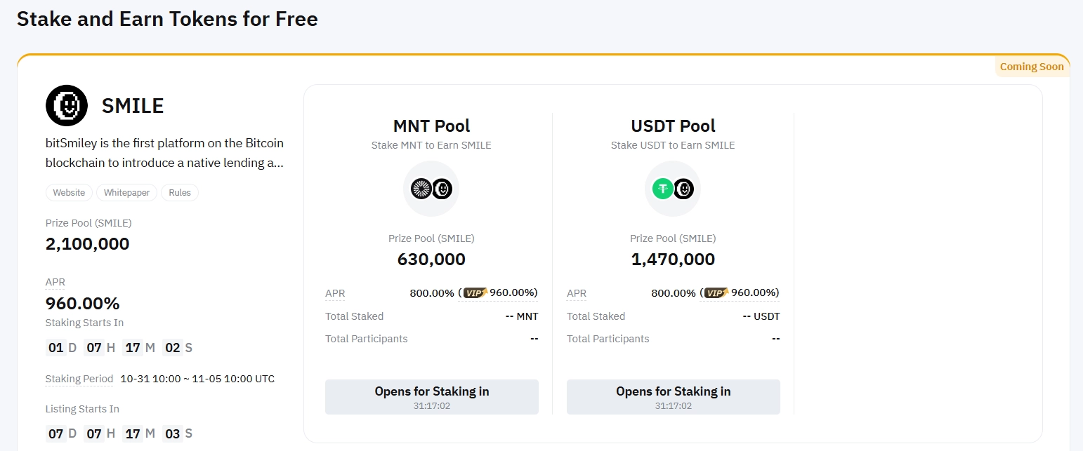 Stake USDT and MNT to Earn 2,100,000 SMILE on Bybit