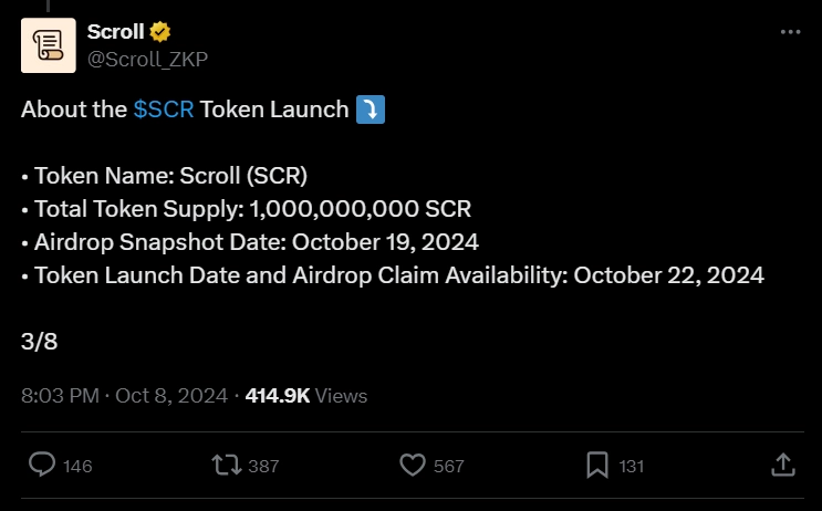 Scroll Announces Snapshot and Airdrop SCR Token