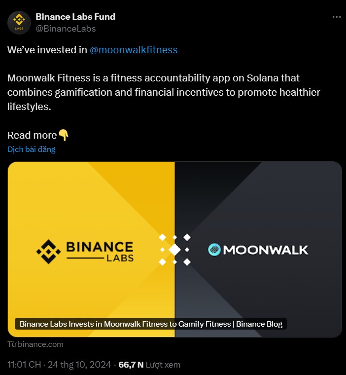 Binance Labs đầu tư vào Moonwalk Fitness