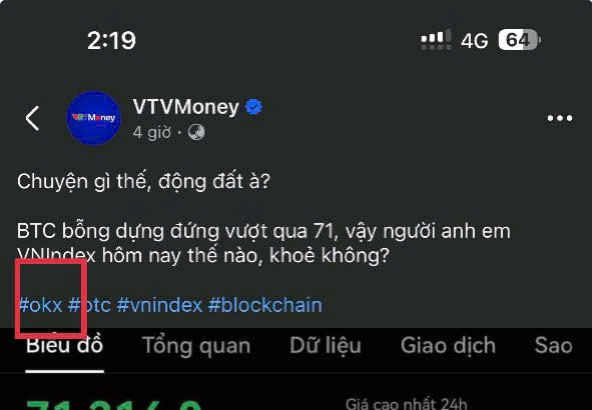 VTVMoney đính kèm hashtag OKX