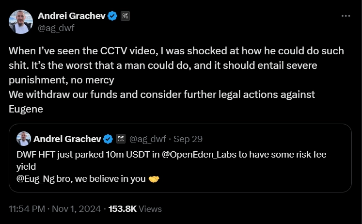 Andrei Grachev - đồng sáng lập DWF Labs vừa thông báo trên nền tảng X về việc công ty đang cân nhắc khởi kiện cựu quản lý Eugene Ng