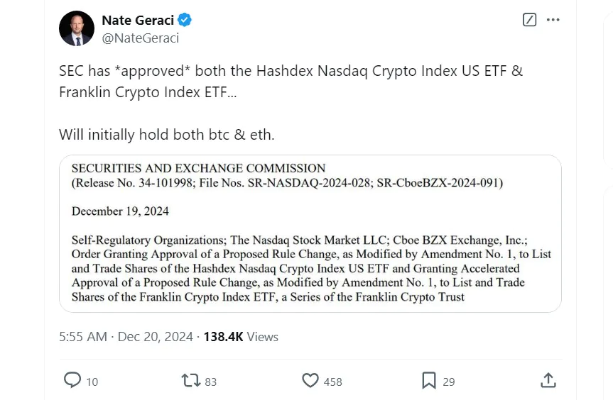 SEC Hoa Kỳ chấp thuận ETF Franklin, Hashdex nắm giữ Bitcoin và Ethereum