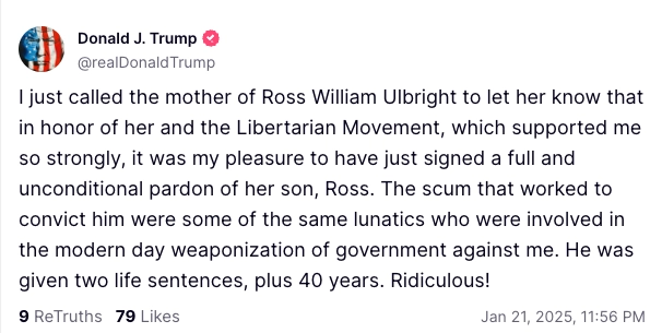 President Donald Trump Decides to Grant Clemency to Ross Ulbricht