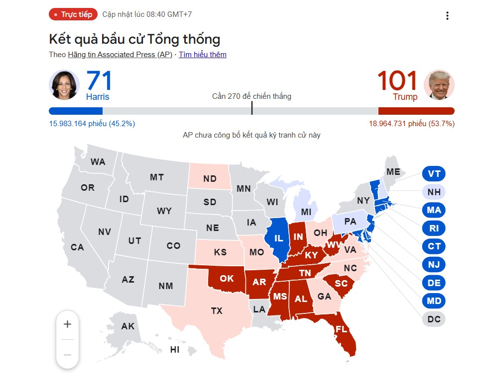 Cập nhật kết quả bầu cử Tổng thống Mỹ