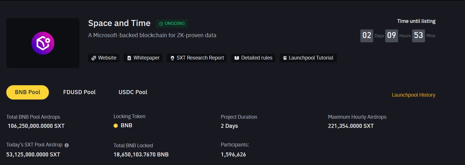 Space and Time (SXT) trên Binance Lauchpool