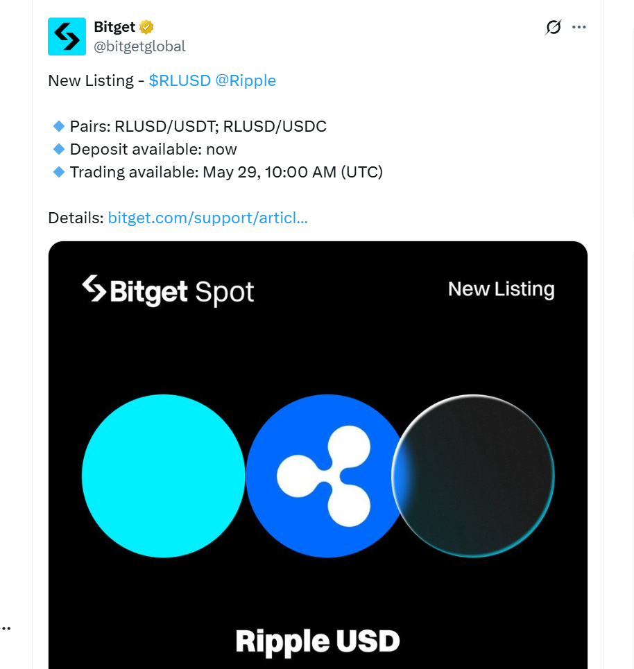 Bitget thông báo niêm yết RLUSD