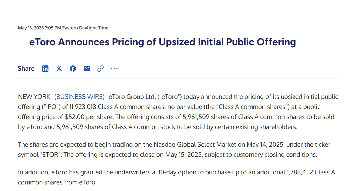 eToro thông báo IPO