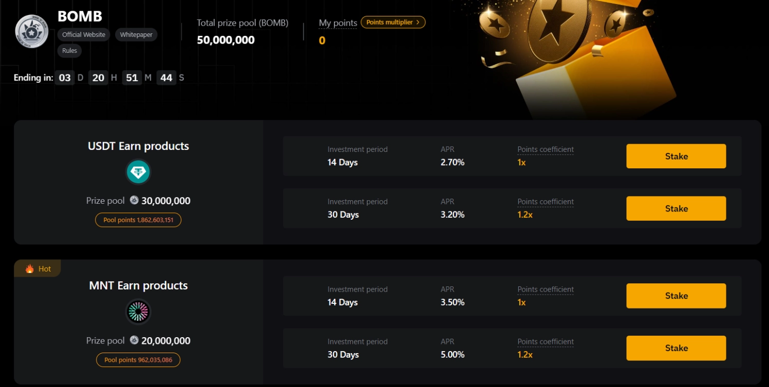 Stake USDT hoặc MNT nhận Bombie (BOMB) trên Bybit
