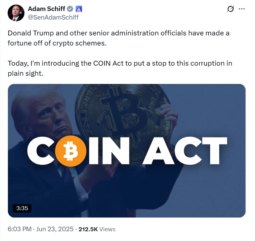 Adam Schiff đề xuất dự luật Coin ACT