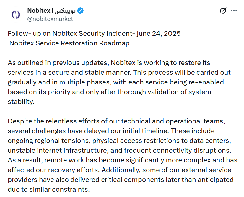Nobitex thông báo trên X