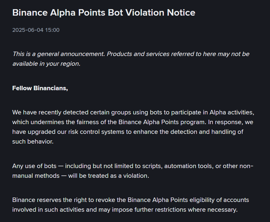 Thông báo của Binance