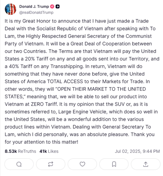 Bài đăng trên Truth Social của ông Trump