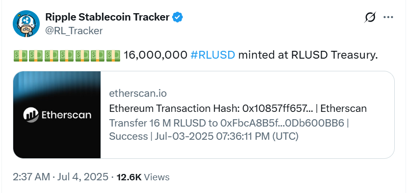 Ripple phát hành thêm 16 triệu RLUSD