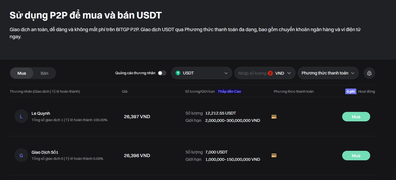 Mua Crypto bằng P2P, hỗ trợ VND