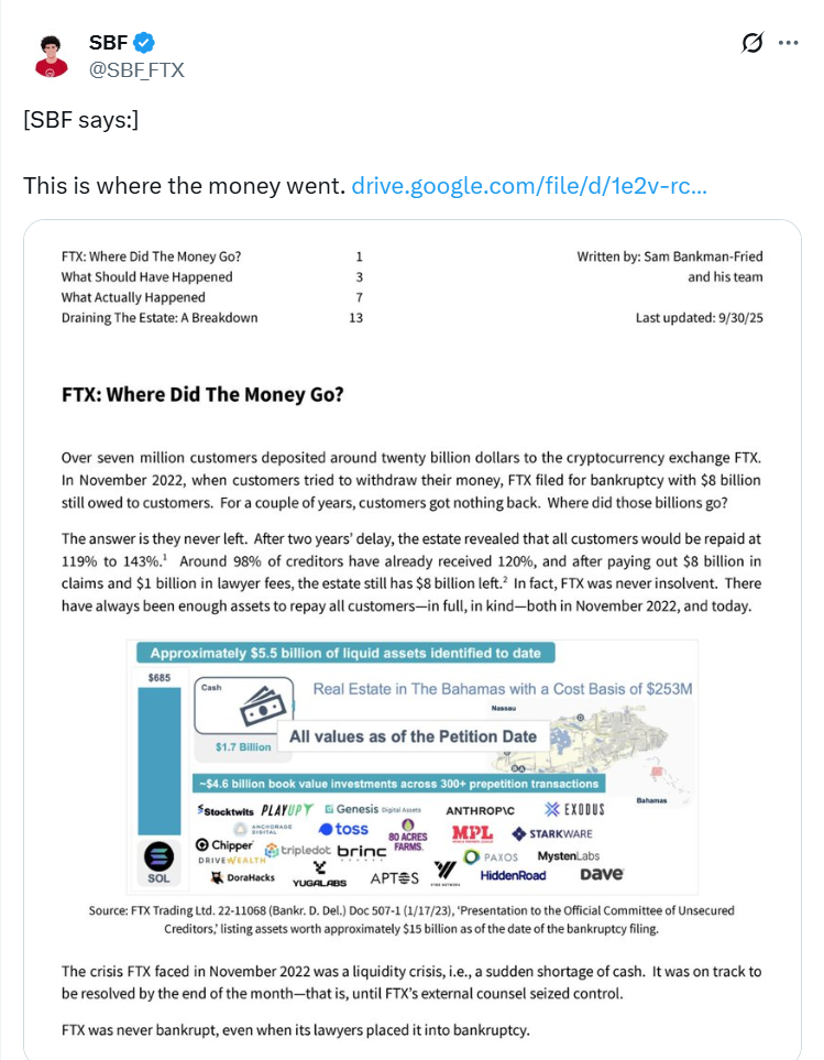 Bài đăng trên mạng xã hội của SBF