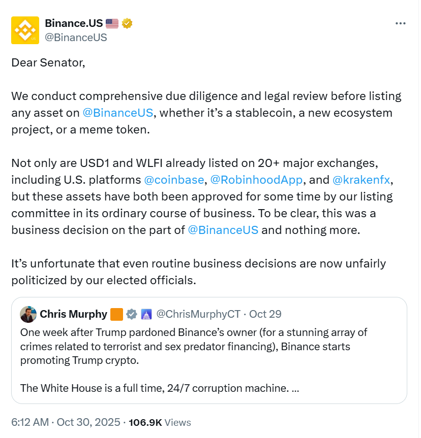 Binance US phản bác