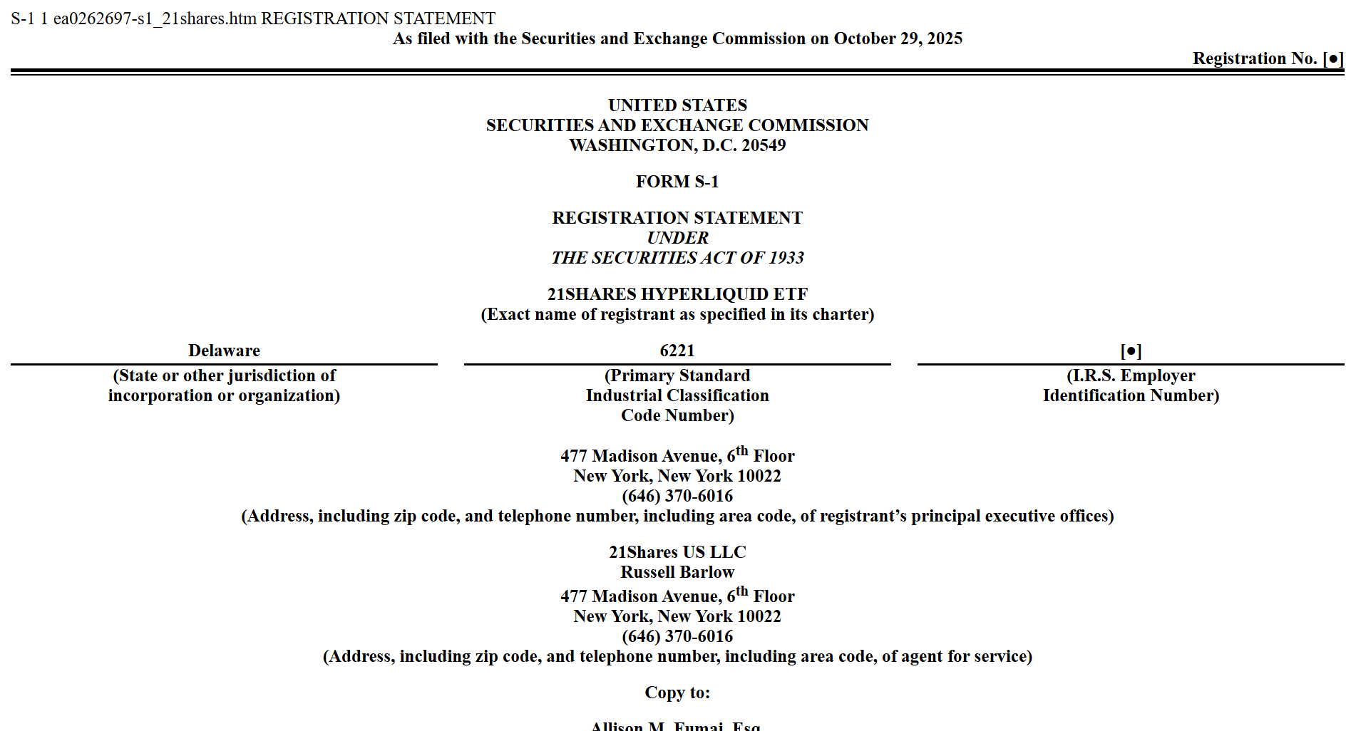 Hồ sơ của 21Shares nộp lên SEC