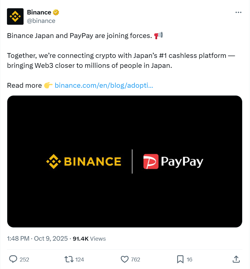Thông báo của Binance về việc hợp tác với Paypay
