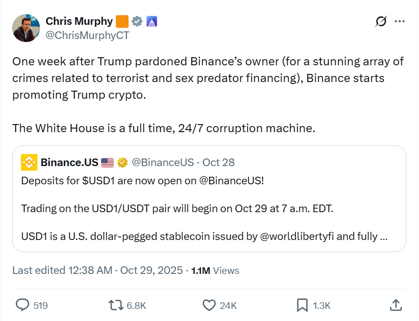Thượng nghị sĩ Chris Murphy chỉ trích Binance US