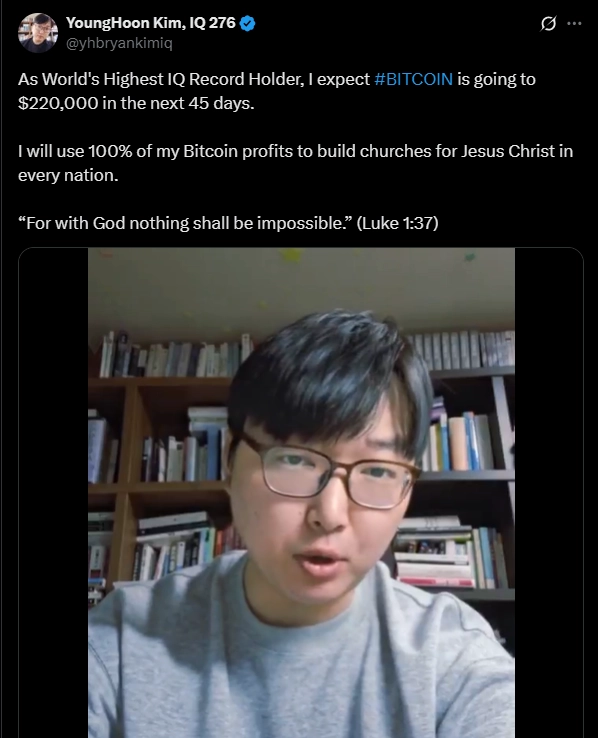 Kim Young-hoon cho biết ông kỳ vọng Bitcoin sẽ chạm mốc 220.000 USD trong 45 ngày.