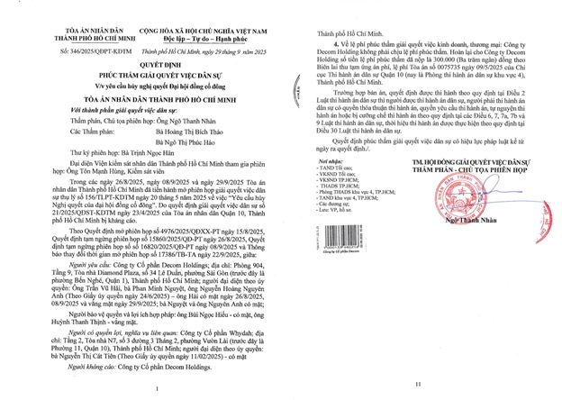 Quyết định Phúc thẩm số 346/2025-QĐPT-KDTM của Tòa án Nhân dân TP Hồ Chí Minh về việc hủy quyết định Đại hội đồng cổ đông Công ty Whydah. 