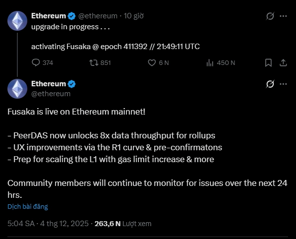 Ethereum triển khai thành công bản nâng cấp Fusaka