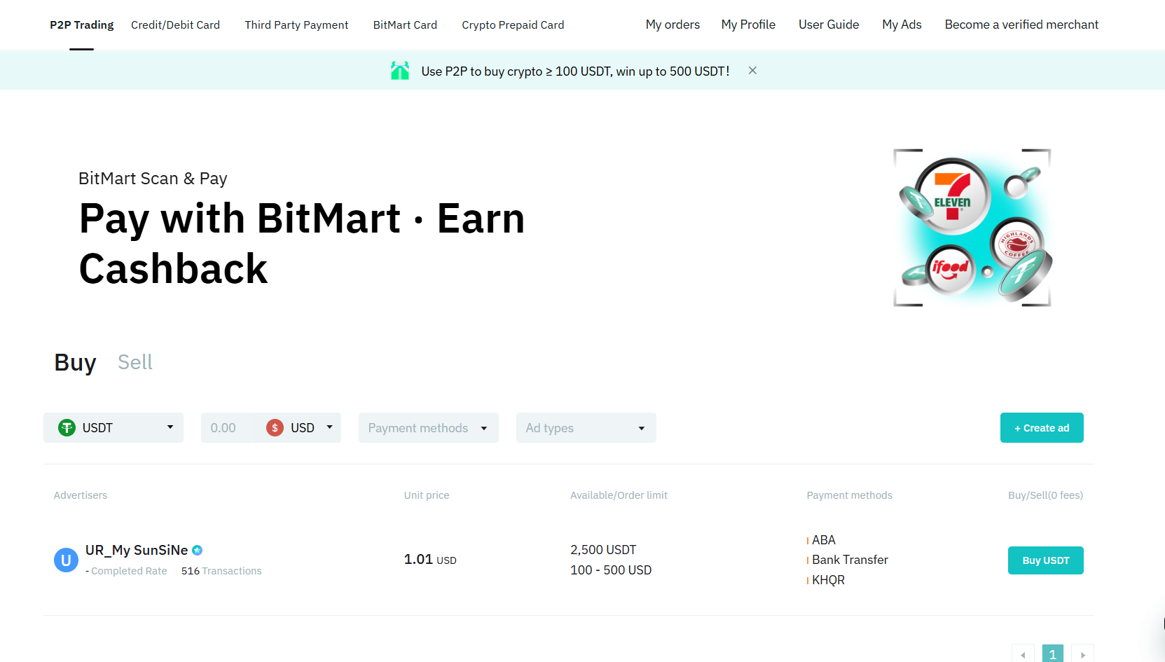 Giao diện mua bán P2P trên BitMart