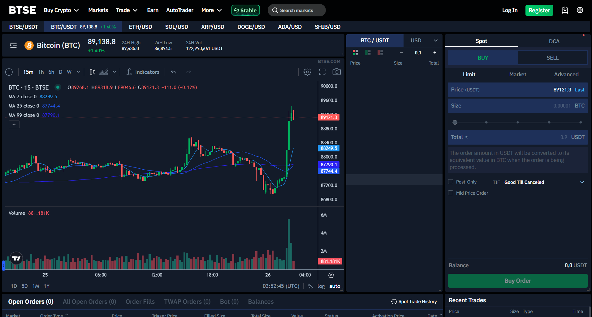 Giao diện trade Spot trên BTSE
