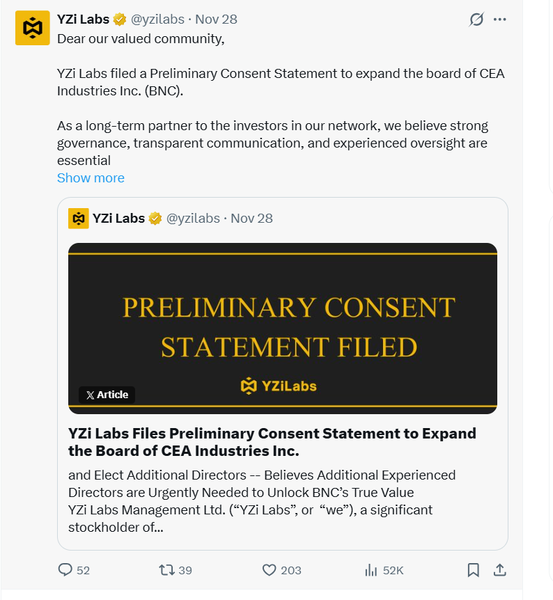 Thông báo của Yzi Labs trên X
