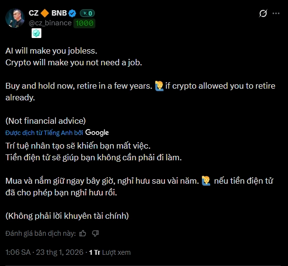 CZ cảnh báo AI sẽ khiến nhiều người mất việc, gợi ý tiền mã hóa sẽ giúp bạn không cần làm việc 2 CZ cảnh báo AI sẽ khiến nhiều người mất việc, gợi ý tiền mã hóa sẽ giúp bạn không cần làm việc