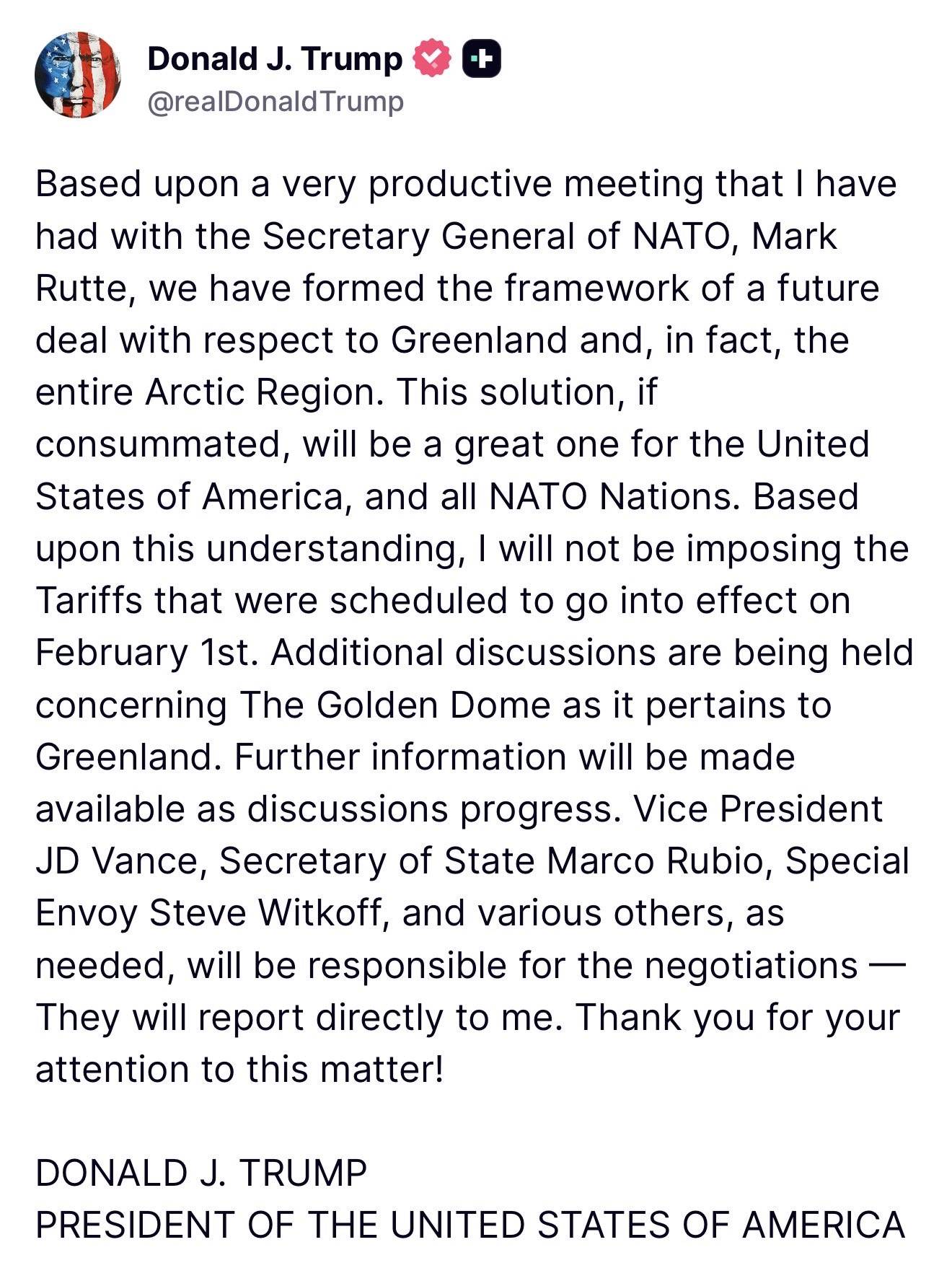 Mỹ đạt thỏa thuận về Greenland, Bitcoin phục hồi trở lại gần 90.000 USD 2 Bài đăng của Donald Trump