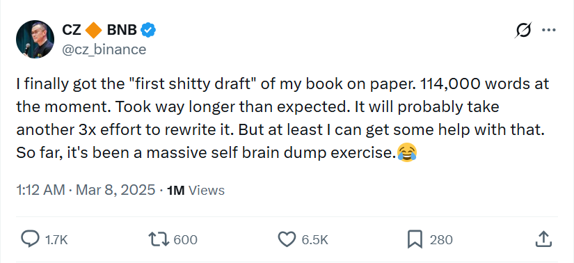 CZ chia sẻ trên X