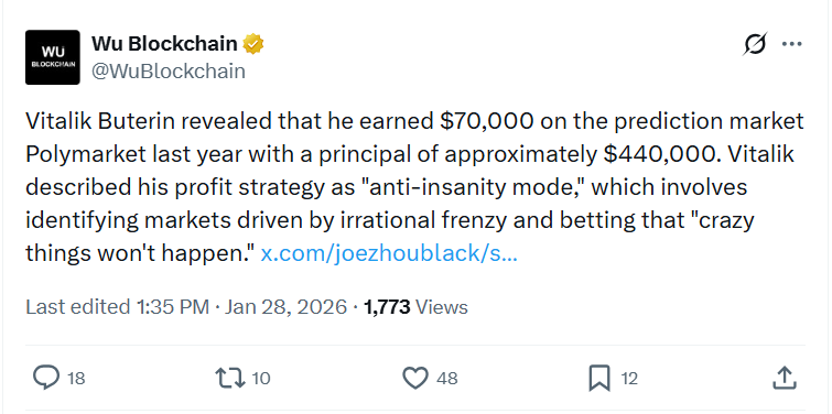 Vitalik Buterin kiếm 70.000 USD nhờ đánh ngược đám đông trên Polymarket 2 Chia sẻ từ Wu Blockchain