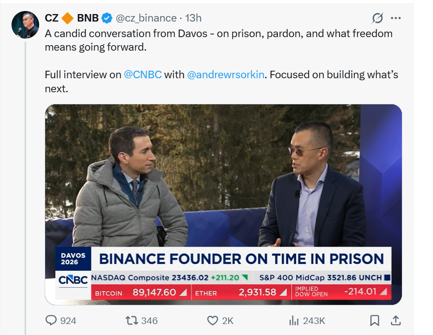 Cuộc phỏng vấn CZ trên CNBC