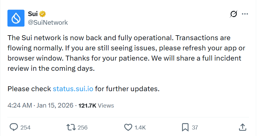 Đội ngũ Sui xác nhận mạng lưới đã hoạt động trở lại bình thường