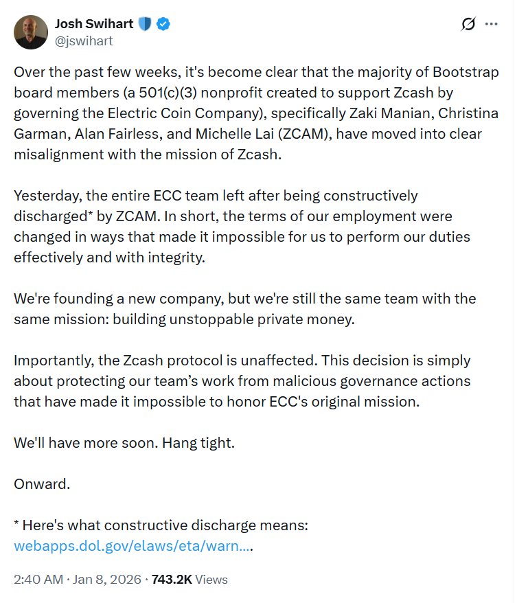 Đội ngũ phát triển Zcash tuyên bố ra đi